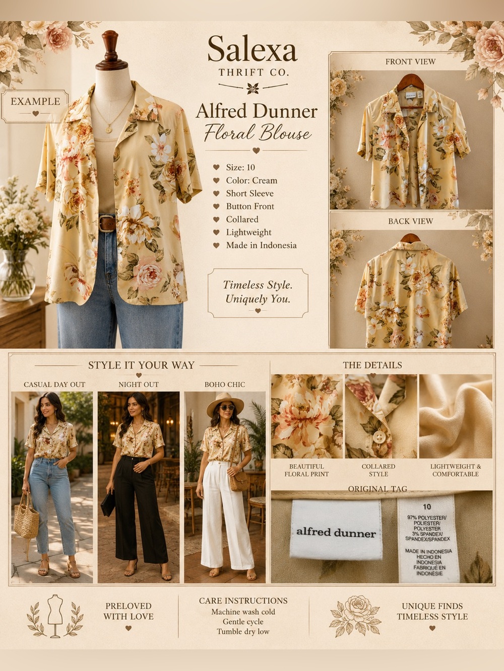 Alfred Dunner Yellow Cream Floral Button-Front Blouse
